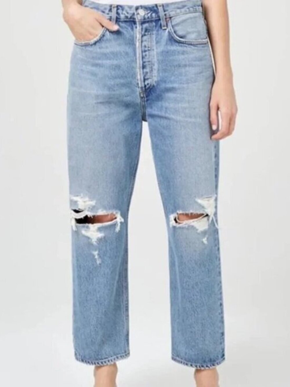 AGOLDE Riley Distressed Ripped Straight Leg Jeans Crop Light Wash Size 28